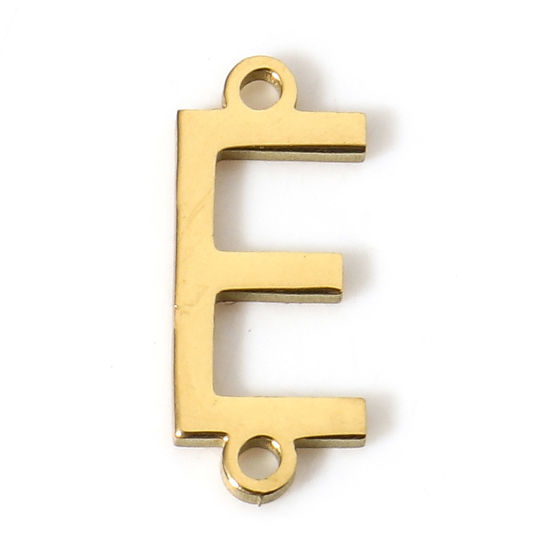 Picture of 5 PCs 304 Stainless Steel Connectors Charms Pendants Gold Plated Capital Alphabet/ Letter Message " E " 12mm x 5mm
