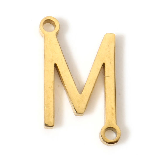 Picture of 5 PCs 304 Stainless Steel Connectors Charms Pendants Gold Plated Capital Alphabet/ Letter Message " M " 12mm x 7mm