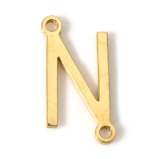 Picture of 5 PCs 304 Stainless Steel Connectors Charms Pendants Gold Plated Capital Alphabet/ Letter Message " N " 12mm x 6mm