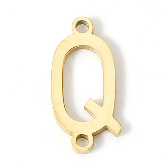 Picture of 5 PCs 304 Stainless Steel Connectors Charms Pendants Gold Plated Capital Alphabet/ Letter Message " Q " 12mm x 6mm