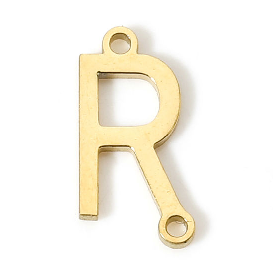 Picture of 5 PCs 304 Stainless Steel Connectors Charms Pendants Gold Plated Capital Alphabet/ Letter Message " R " 12mm x 6mm