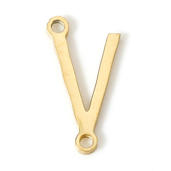 Picture of 5 PCs 304 Stainless Steel Connectors Charms Pendants Gold Plated Capital Alphabet/ Letter Message " V " 12mm x 6mm