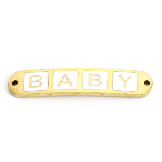Imagen de 2 Unidades Enchapado al Vacío 304 Acero Inoxidable día de San Valentín Conectores Dijes Colgantes Rectángulo Chapado en Oro de 18K Blanco Mensaje " Bebé " Esmalte 3cm x 0.6cm