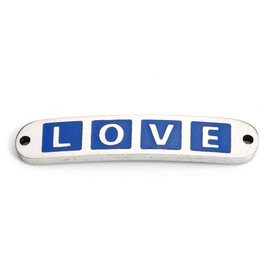 Picture of 2 PCs 304 Stainless Steel Valentine's Day Connectors Charms Pendants Silver Tone Dark Blue Rectangle Message " LOVE " Enamel 3cm x 0.6cm
