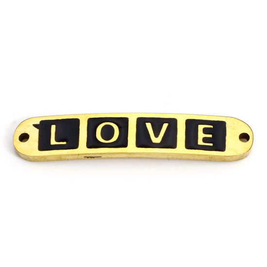 Picture of 2 PCs Vacuum Plating 304 Stainless Steel Valentine's Day Connectors Charms Pendants 18K Gold Plated Black Rectangle Message " LOVE " Enamel 3cm x 0.6cm