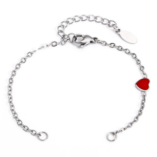 Picture of 1 Piece 304 Stainless Steel Valentine's Day Link Cable Chain Semi-finished Bracelets For DIY Handmade Jewelry Making Heart Silver Tone Red Enamel 13.5cm(5 3/8") long