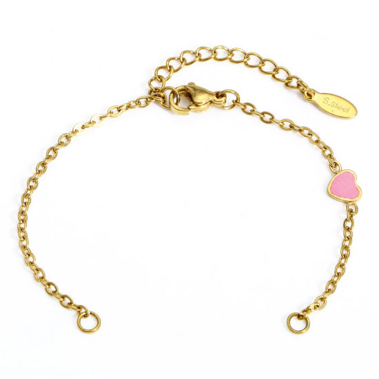 Picture of 1 Piece Vacuum Plating 304 Stainless Steel Valentine's Day Link Cable Chain Semi-finished Bracelets For DIY Handmade Jewelry Making Heart 18K Gold Plated Pink Enamel 13.5cm(5 3/8") long