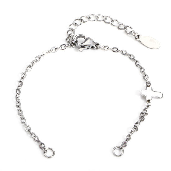 Picture of 1 Piece 304 Stainless Steel Religious Link Cable Chain Semi-finished Bracelets For DIY Handmade Jewelry Making Cross Silver Tone White Enamel 13.5cm(5 3/8") long