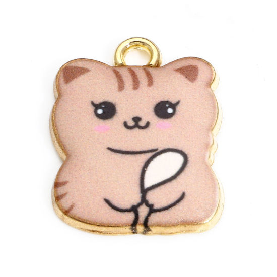 Picture of 10 PCs Zinc Based Alloy Charms Gold Plated Light Brown Cat Animal Enamel 22mm x 16.5mm
