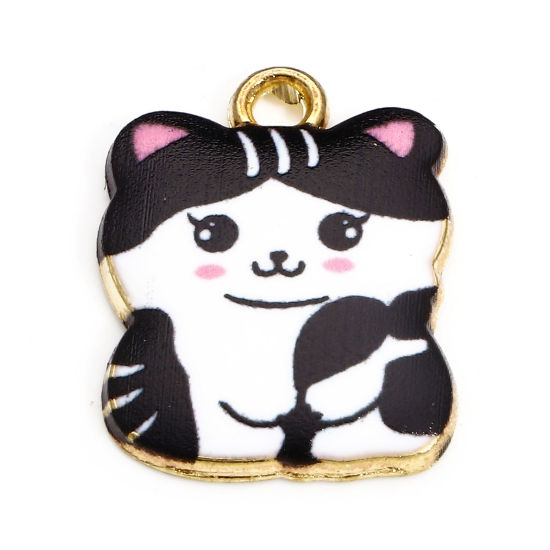 Picture of 10 PCs Zinc Based Alloy Charms Gold Plated Black & White Cat Animal Enamel 22mm x 16.5mm