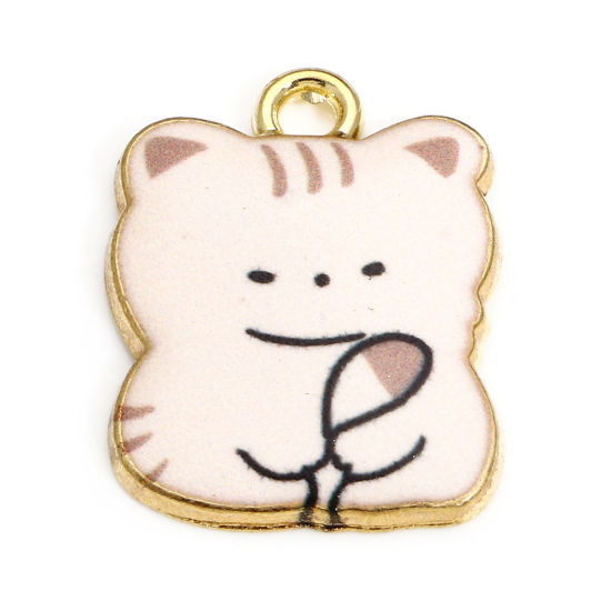 Picture of 10 PCs Zinc Based Alloy Charms Gold Plated Beige Cat Animal Enamel 22mm x 16.5mm