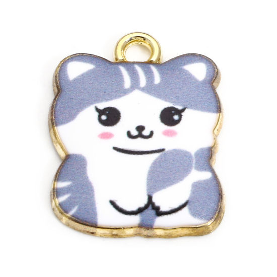 Picture of 10 PCs Zinc Based Alloy Charms Gold Plated White & Gray Cat Animal Enamel 22mm x 16.5mm