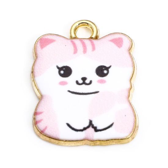 Picture of 10 PCs Zinc Based Alloy Charms Gold Plated Light Pink Cat Animal Enamel 22mm x 16.5mm