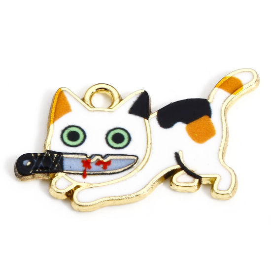 Immagine di 10 Pz Lega di Zinco Halloween Ciondoli Oro Placcato Multicolore Gatto Coltello Smalto 3cm x 1.7cm