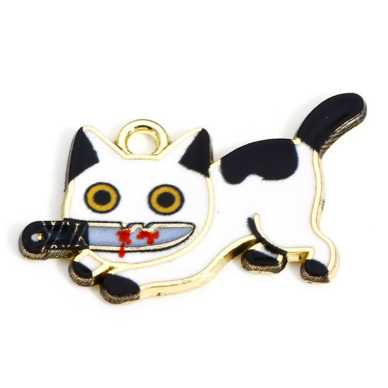 Immagine di 10 Pz Lega di Zinco Halloween Ciondoli Oro Placcato Nero & Bianco Gatto Coltello Smalto 3cm x 1.7cm