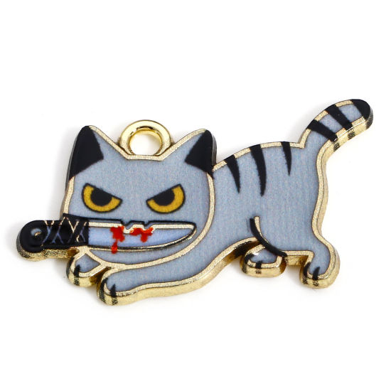 Immagine di 10 Pz Lega di Zinco Halloween Ciondoli Oro Placcato Grigio Gatto Coltello Smalto 3cm x 1.7cm