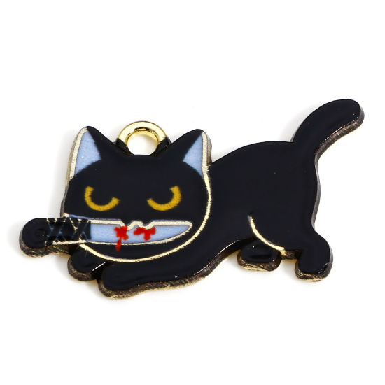 Immagine di 10 Pz Lega di Zinco Halloween Ciondoli Oro Placcato Nero Gatto Coltello Smalto 3cm x 1.7cm