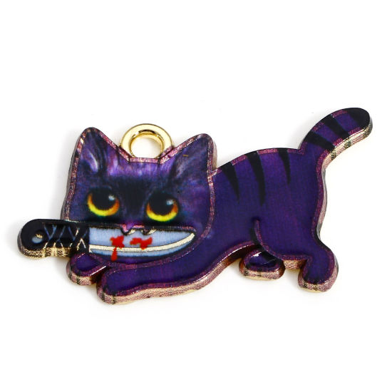 Immagine di 10 Pz Lega di Zinco Halloween Ciondoli Oro Placcato Colore Viola Gatto Coltello Smalto 3cm x 1.7cm