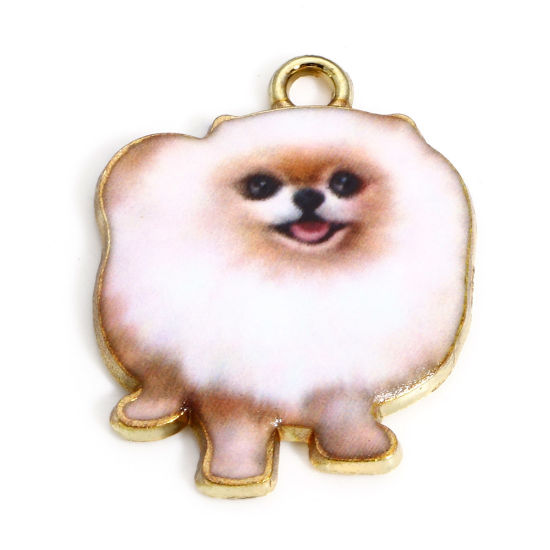 Immagine di 10 Pz Lega di Zinco Charms Oro Placcato Bianco & Marrone Pallido Cane Smalto 25mm x 19mm