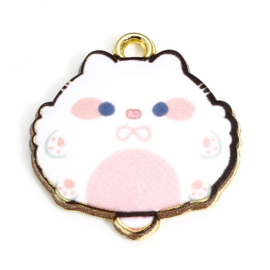 Immagine di 10 Pz Lega di Zinco Charms Oro Placcato Bianco & Rosa Pallido Gatto Smalto 22mm x 20mm