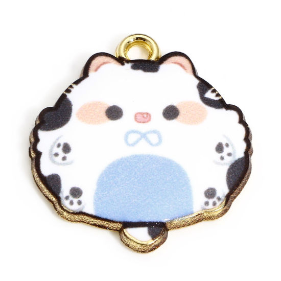 Immagine di 10 Pz Lega di Zinco Charms Oro Placcato Nero & Bianco Gatto Smalto 22mm x 20mm