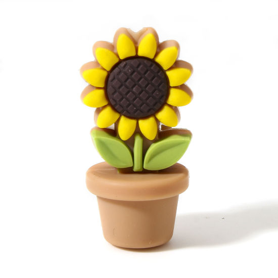 Picture of 2 PCs Silicone Flora Collection Beads For DIY Jewelry Making Sunflower Light Brown 3D About 3cm x 1.5cm, Hole: Approx 2.4mm