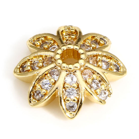 Picture of 2 PCs Brass Beads Caps Flower 18K Real Gold Plated Micro Pave Clear Cubic Zirconia (Fit 14mm Bead) 10mm x 10mm                                                                                                                                                