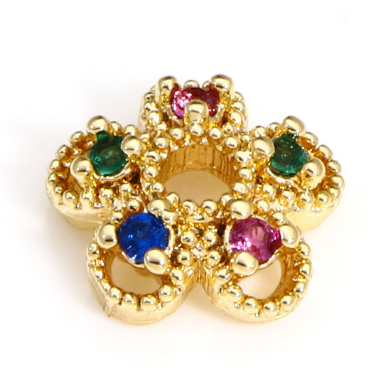 Picture of 2 PCs Brass Beads Caps Flower 18K Real Gold Plated Hollow Multicolour Cubic Zirconia (Fit 12mm Bead) 8mm x 7.5mm                                                                                                                                              