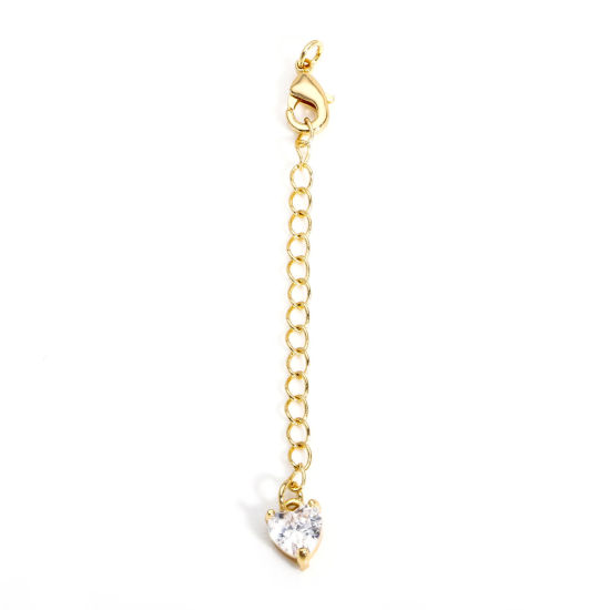 Picture of 2 Sets Brass Extender Chain Heart 18K Real Gold Plated Clear Cubic Zirconia 5.5cm