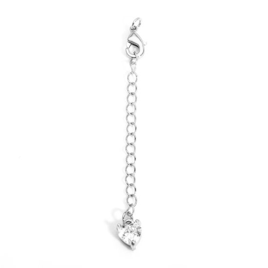 Picture of 2 Sets Brass Extender Chain Heart Real Platinum Plated Clear Cubic Zirconia 5.5cm