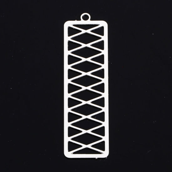 Immagine di 10 Pz Lega di Ferro Filigree Stamping Ciondoli Tono Argento Rettangolo Rombo Filigrana 4.8cm x 1.4cm