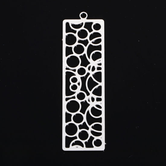 Immagine di 10 Pz Lega di Ferro Filigree Stamping Ciondoli Tono Argento Rettangolo Circolo Filigrana 4.7cm x 1.3cm