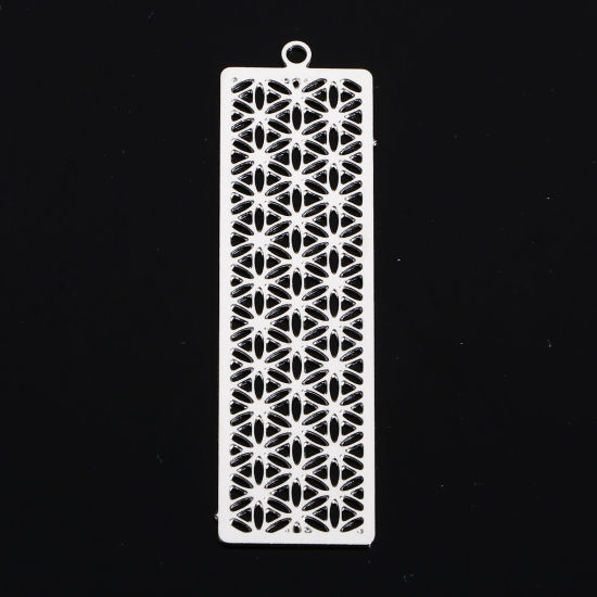 Immagine di 10 Pz Lega di Ferro Filigree Stamping Ciondoli Tono Argento Rettangolo Fiore di Vita Filigrana 4.7cm x 1.3cm