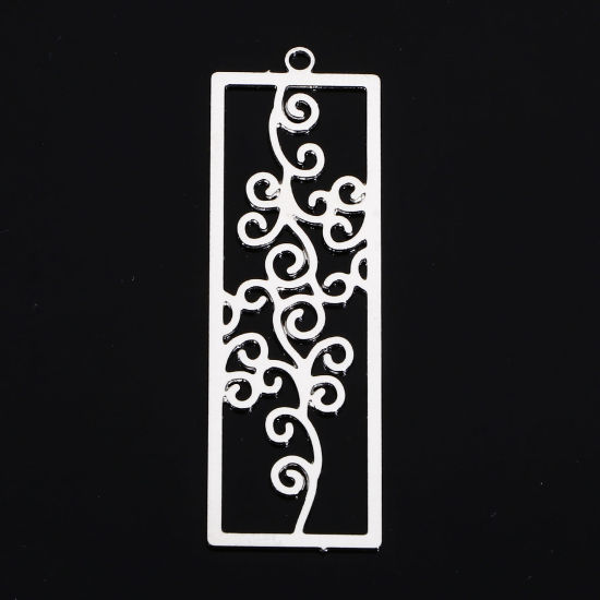 Immagine di 10 Pz Lega di Ferro Filigree Stamping Ciondoli Tono Argento Rettangolo Pianta Rampicante Filigrana 4.8cm x 1.5cm