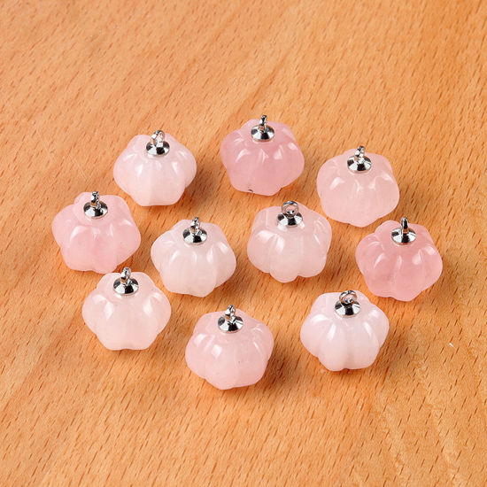 Picture of 1 Piece Rose Quartz ( Imitation ) Charms Silver Tone Light Pink Halloween Pumpkin 13mm x 10mm