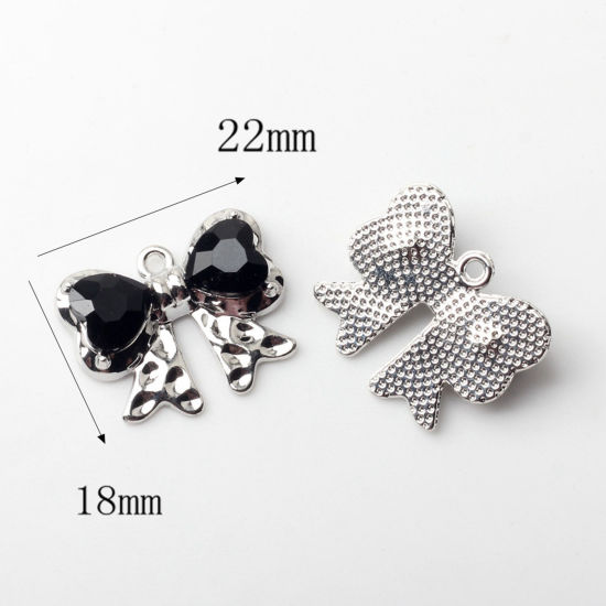 Picture of 2 PCs Zinc Based Alloy Y2K Charms Silver Tone Black Bowknot With Resin Cabochons 22mm x 18mm