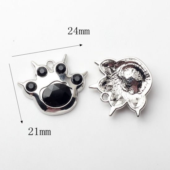 Picture of 2 PCs Zinc Based Alloy Y2K Charms Silver Tone Black Dog Paw Claw With Resin Cabochons 24mm x 21mm