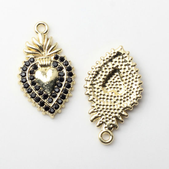 Image de 5 Pcs Breloques Religieux en Alliage de Zinc Doré Coeur de Ex-Voto à Strass Noir Micro Pave 25mm x 15mm