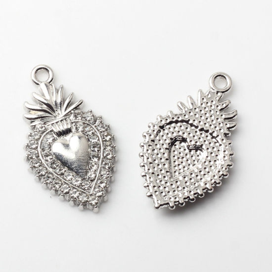 Image de 5 Pcs Breloques Religieux en Alliage de Zinc Argent Mat Coeur de Ex-Voto à Strass Transparent Micro Pave 25mm x 15mm