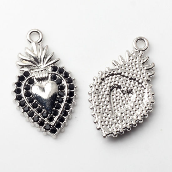 Image de 5 Pcs Breloques Religieux en Alliage de Zinc Argent Mat Coeur de Ex-Voto à Strass Noir Micro Pave 25mm x 15mm