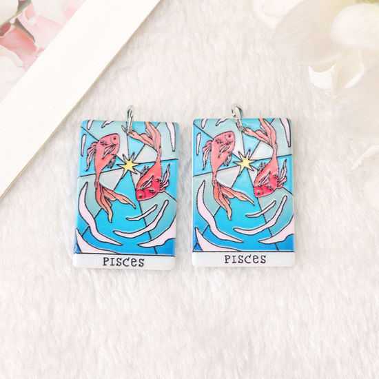 Picture of 5 PCs Acrylic Religious Pendants Rectangle Pisces Sign Of Zodiac Constellations Multicolor Double Sided 3.8cm x 2.5cm