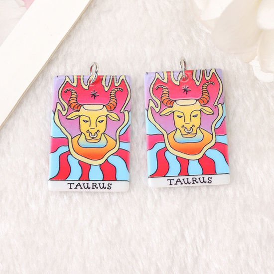 Picture of 5 PCs Acrylic Religious Pendants Rectangle Taurus Sign Of Zodiac Constellations Multicolor Double Sided 3.8cm x 2.5cm