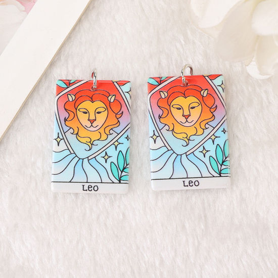 Picture of 5 PCs Acrylic Religious Pendants Rectangle Leo Sign Of Zodiac Constellations Multicolor Double Sided 3.8cm x 2.5cm