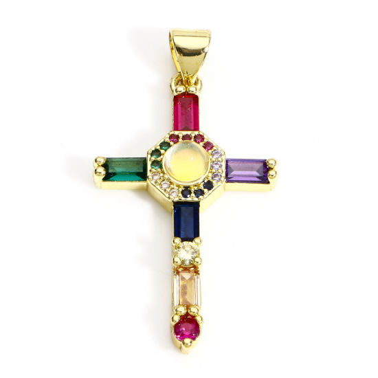 Immagine di 1 Pz Ottone Religione Ciondoli Croce 18K Vero Oro Placcato Micro Spianare Multicolore Cubic Zirconiae 3.5cm x 1.8cm