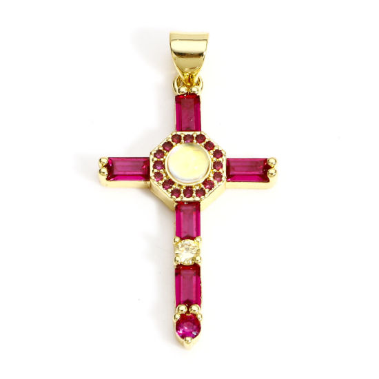 Immagine di 1 Pz Ottone Religione Ciondoli Croce 18K Vero Oro Placcato Micro Spianare Fuscia Cubic Zirconiae 3.5cm x 1.8cm