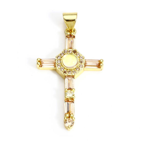 Immagine di 1 Pz Ottone Religione Ciondoli Croce 18K Vero Oro Placcato Micro Spianare Champagne Cubic Zirconiae 3.5cm x 1.8cm
