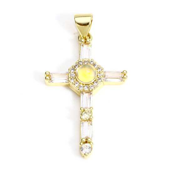 Immagine di 1 Pz Ottone Religione Ciondoli Croce 18K Vero Oro Placcato Micro Spianare Trasparente Cubic Zirconiae 3.5cm x 1.8cm