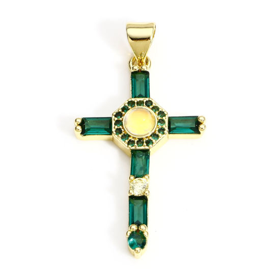 Immagine di 1 Pz Ottone Religione Ciondoli Croce 18K Vero Oro Placcato Micro Spianare Verde Cubic Zirconiae 3.5cm x 1.8cm