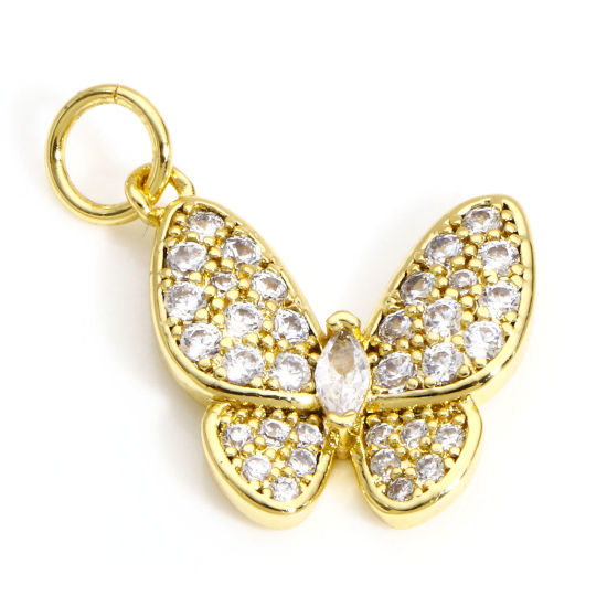 Immagine di 1 Pz Ottone Insetto Charms Farfalla 18K Vero Oro Placcato Micro Spianare Trasparente Cubic Zirconiae 18mm x 15mm