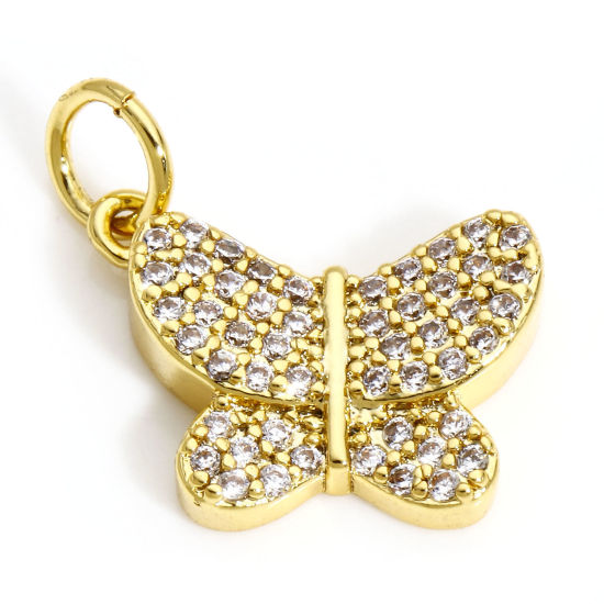 Immagine di 1 Pz Ottone Insetto Charms Farfalla 18K Vero Oro Placcato Micro Spianare Trasparente Cubic Zirconiae 15mm x 14mm